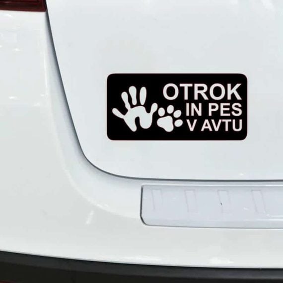 otrok in pes v avtu nalepka