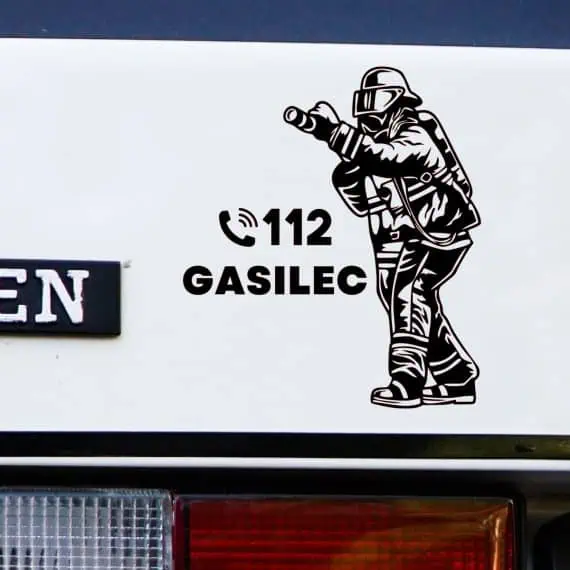 Črna nalepka gasilec s številko 112