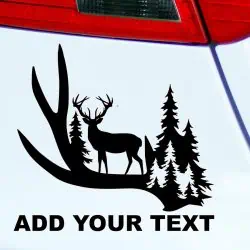 Lovska nalepka za avto jelen, smreke in rogovi
