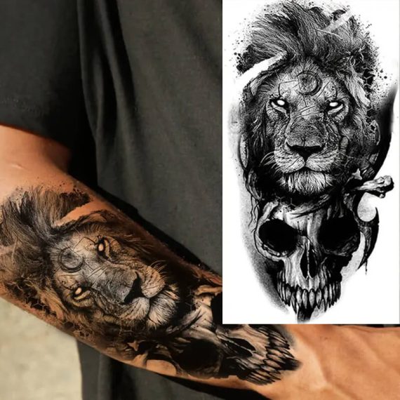 Tattoo nalepka lev in lobanja preživetje, soočenje, moč