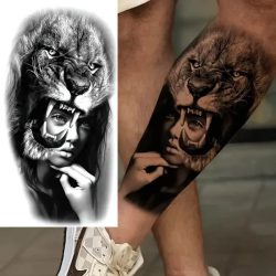 Tetovaža leva s prepletom divjine in človeške duše