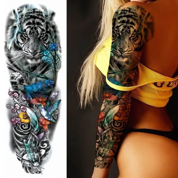začasna tetovaža na ženski roki tiger in riba metulj ptica