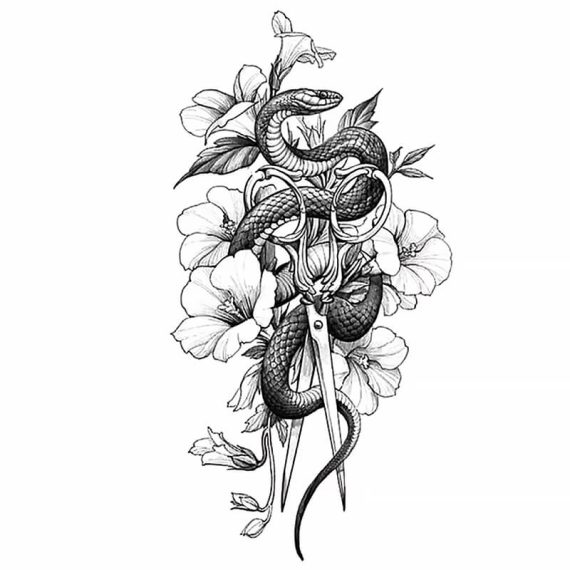 Tatu kača, škarje in cvetovi